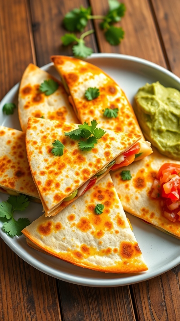 Golden-brown quesadillas filled with cheese and vegetables, served with salsa and guacamole on a rustic table.